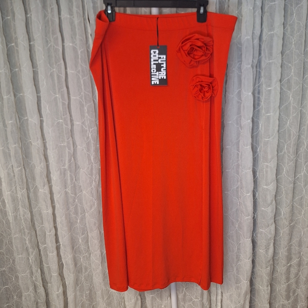 Future Collective Vibrant Red Rosette High Slit Strechy Pencil Skirt 1X